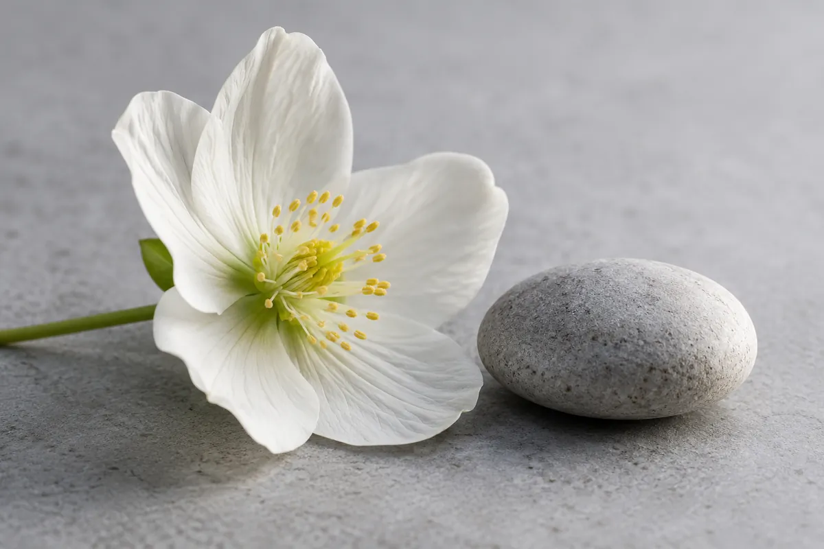 Eine weiße Blüte und ein glatter Stein auf hellgrauem Untergrund