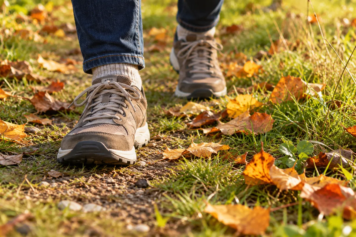 Spaziergangsschuhe am Rand einer Wiese mit einzelnen Herbstblättern
