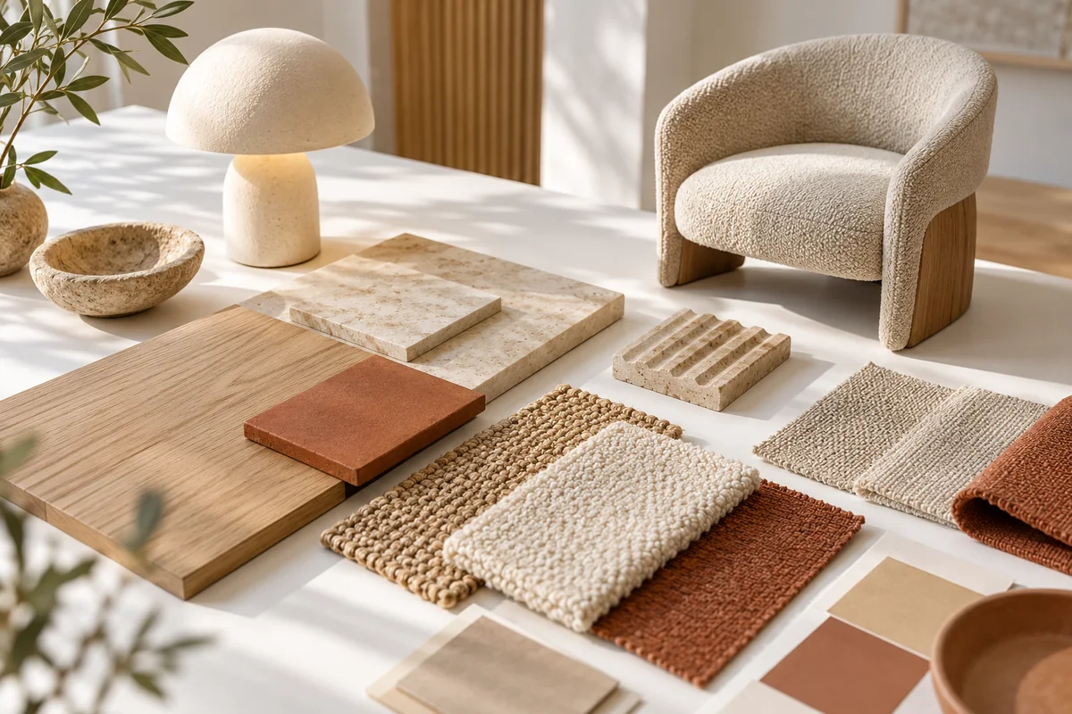 Materialmuster aus Holz, Stein und Stoff mit kleiner Leuchte und Stuhlmodell