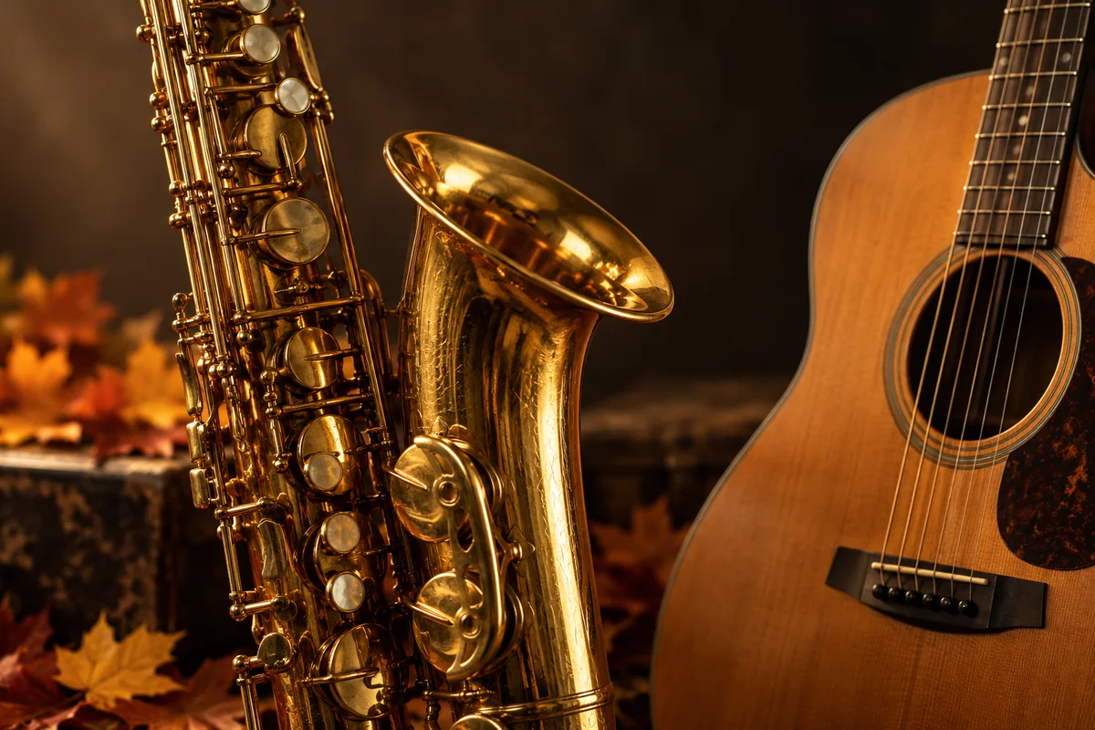 Goldfarbenes Saxofon neben einer akustischen Gitarre im warmen Licht