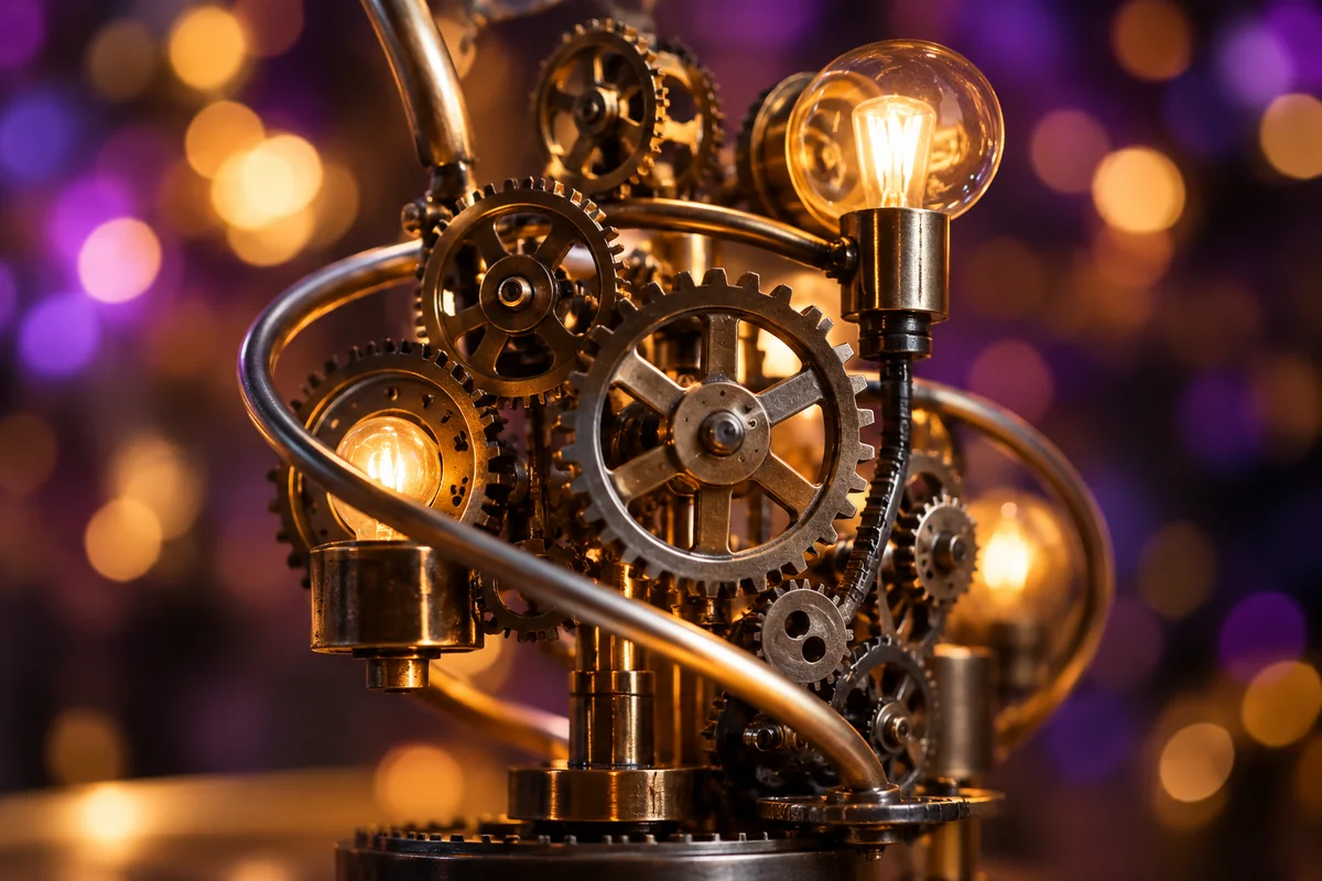 Abstrakte Metallskulptur mit Zahnrädern und warm leuchtenden Glühbirnen