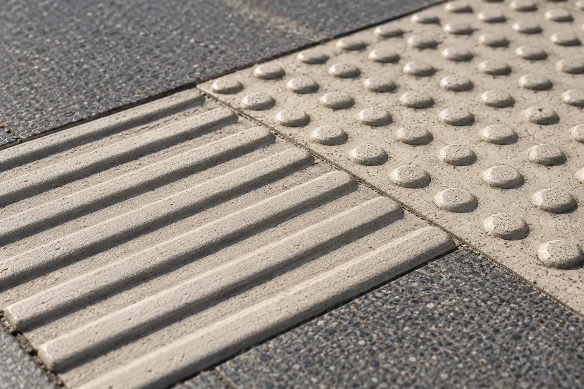 Tastbare Bodenplatten mit Rippen und Noppen als Themenmotiv zur Orientierung