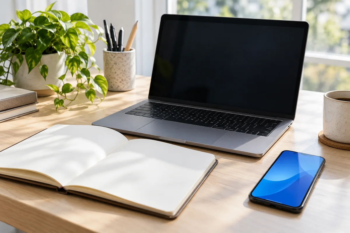 Laptop, Smartphone und ein offenes Notizbuch auf einem hellen Schreibtisch