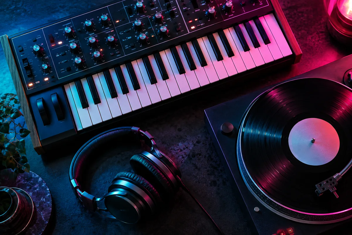 Synthesizer, Kopfhörer und Schallplatte im blauen und magentafarbenen Licht